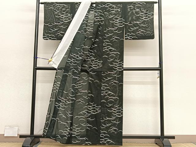 平和屋着物*夏物 小紋 絽 雪芝文 黒地 洗える着物 BAAY4471hv