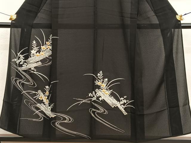 平和屋着物*夏物 訪問着 絽 花筏 黒地 正絹 逸品 BAAY4498hv