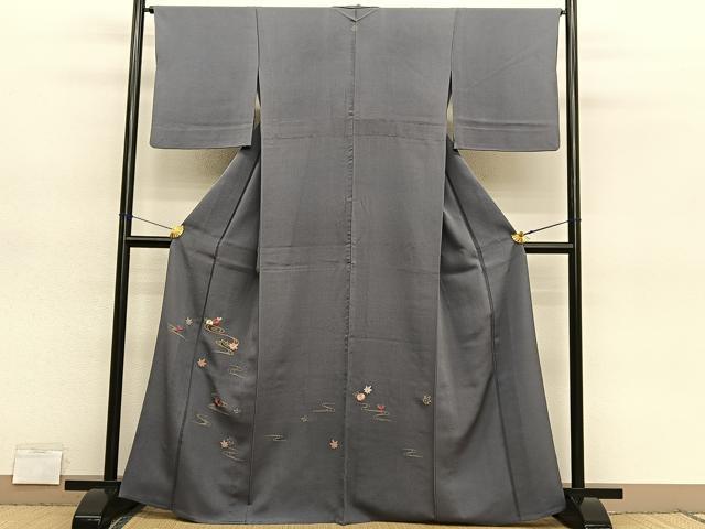 平和屋着物▽訪問着 単衣 総刺繍 竜田川花文 金糸 正絹 逸品 BAAY4508hv