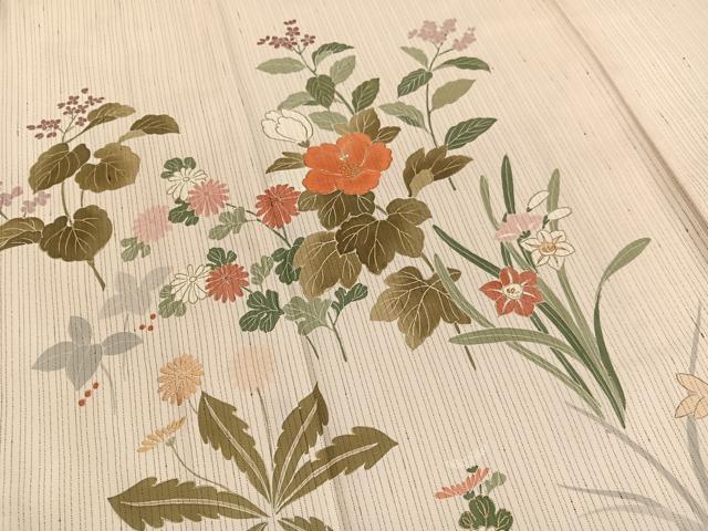 平和屋着物▽訪問着 単衣 刺繍 草花文 金彩 正絹 逸品 BAAY4525hv