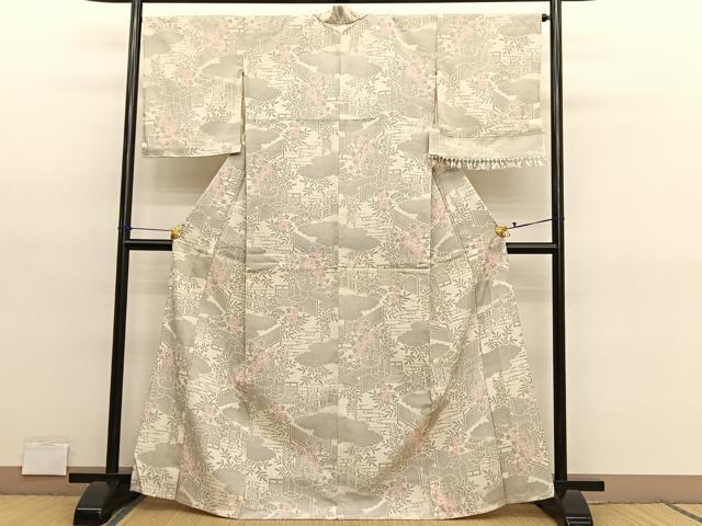平和屋着物▽本塩沢 単衣 流水風景文 反端付き 正絹 逸品 未使用 BAAY4532hv
