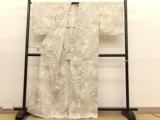 平和屋着物▽本塩沢 単衣 流水風景文 反端付き 正絹 逸品 未使用 BAAY4532hv