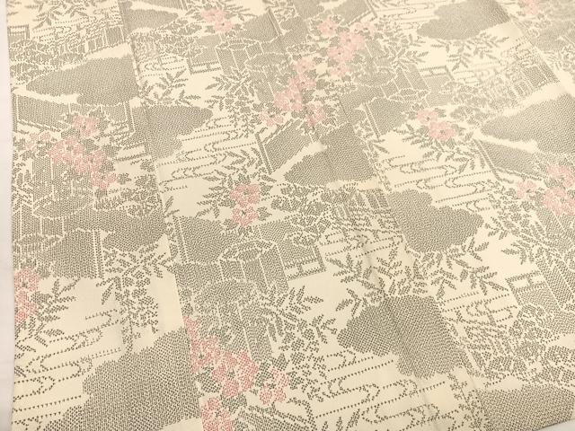 平和屋着物▽本塩沢 単衣 流水風景文 反端付き 正絹 逸品 未使用 BAAY4532hv