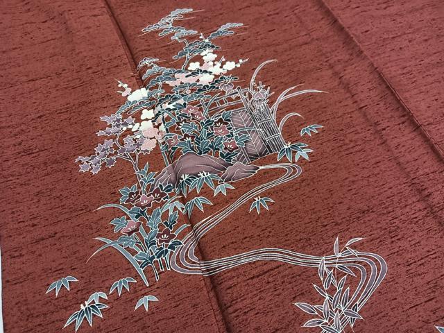 平和屋着物▽訪問着 単衣 紬地 流水松竹梅 正絹 逸品 BAAY4536hv