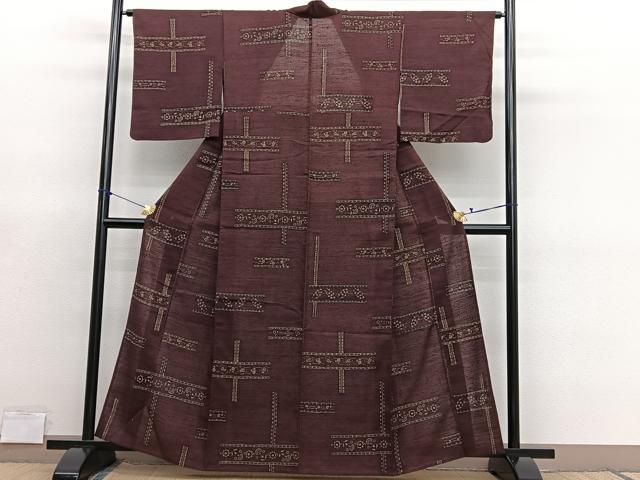 平和屋着物*夏物 小紋 紗紬 市松織 横段更紗花文 正絹 逸品 BAAY4543hv