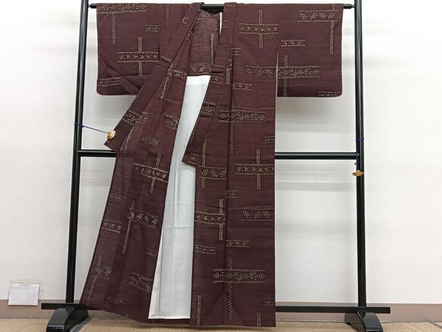 平和屋着物*夏物 小紋 紗紬 市松織 横段更紗花文 正絹 逸品 BAAY4543hv
