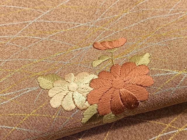 平和屋着物▽訪問着 単衣 刺繍 椿芝草文 暈し染め 金銀彩 正絹 逸品 未使用 BAAY4557hv