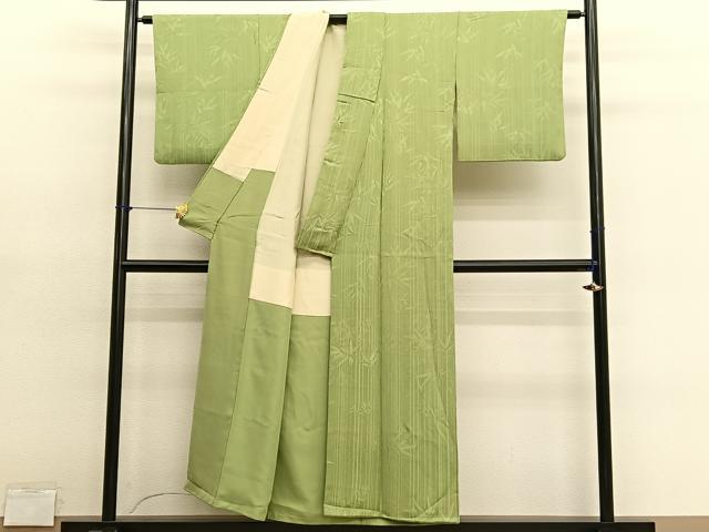 平和屋着物■上質な色無地 笹竹地紋 抹茶色 正絹 逸品 BAAY4610hv