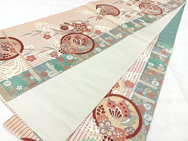 平和屋着物◎六通柄袋帯 流水花蝶文 金糸 正絹 逸品 BAAY5002qw