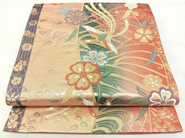 平和屋着物◎六通柄袋帯 唐織 鳳凰花文 金糸 正絹 逸品 BAAY5022qw