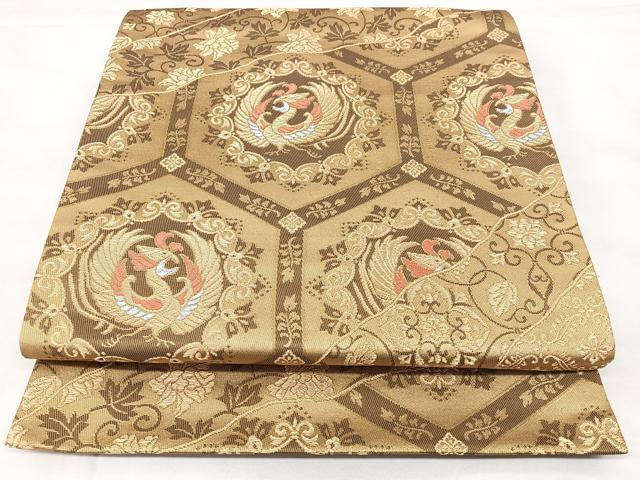 平和屋着物◎六通柄袋帯 亀甲花鳥文 金糸 正絹 逸品 BAAY5047qw