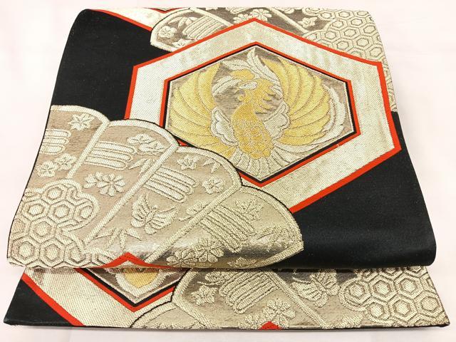 平和屋着物◎六通柄袋帯 檜扇亀甲花鳥文 黒地 金糸 正絹 逸品 BAAY5054qw