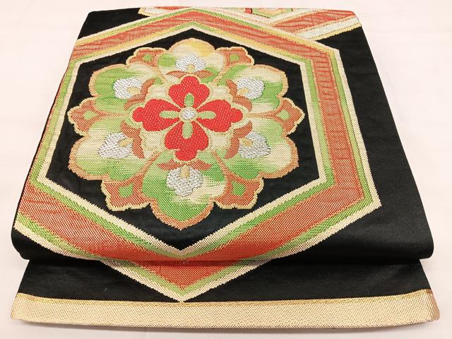平和屋着物◎六通柄袋帯 亀甲花文 黒地 金銀糸 正絹 逸品 BAAY5060qw