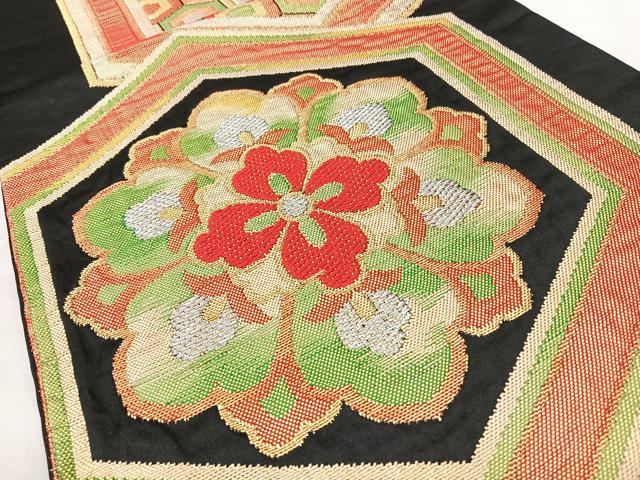 平和屋着物◎六通柄袋帯 亀甲花文 黒地 金銀糸 正絹 逸品 BAAY5060qw