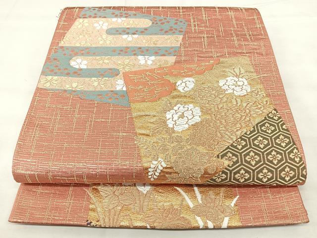平和屋着物◎六通柄袋帯 色紙花文 金糸 正絹 逸品 BAAY5084qw