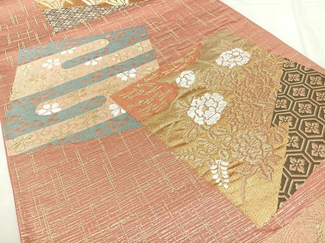 平和屋着物◎六通柄袋帯 色紙花文 金糸 正絹 逸品 BAAY5084qw