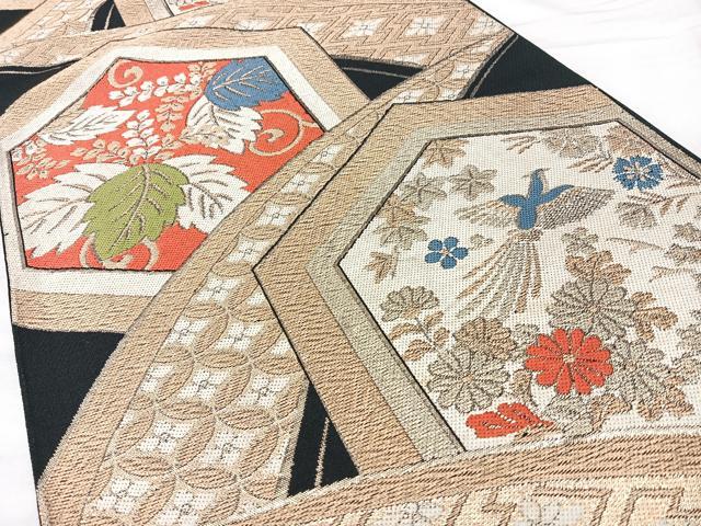平和屋着物◎六通柄 本袋帯 亀甲花鳥文 黒地 金糸 正絹 逸品 BAAY5090qw