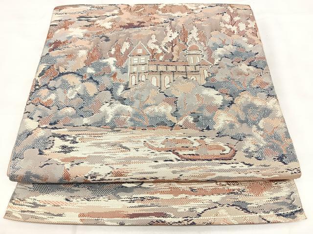 平和屋着物◎本場筑前博多織 八寸名古屋帯 風景文 正絹 逸品 BAAY5096qw