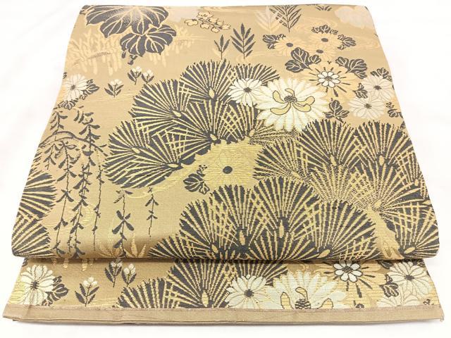 平和屋着物◎アンティーク 大正ロマン 丸帯 流水花文 引き抜き帯 金糸 正絹 逸品 BAAY5099qw