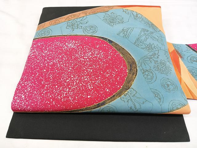 平和屋着物◎塩瀬 九寸名古屋帯 幾何学文様 黒地 金彩 正絹 逸品 BAAY5106qw
