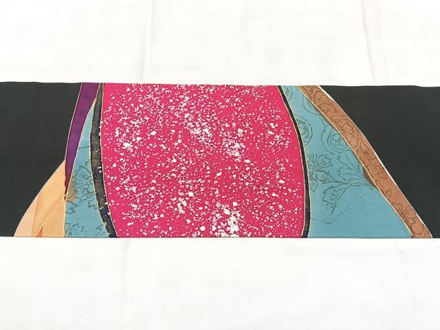 平和屋着物◎塩瀬 九寸名古屋帯 幾何学文様 黒地 金彩 正絹 逸品 BAAY5106qw