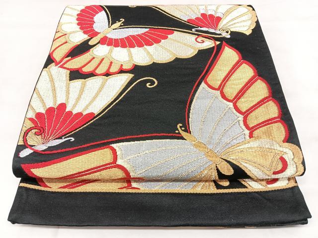 平和屋着物◎六通柄袋帯 舞蝶文 黒地 金銀糸 正絹 逸品 BAAY5116qw
