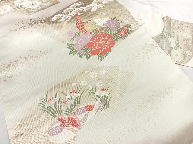 平和屋着物◎九寸名古屋帯 色紙花鳥文 金銀糸 正絹 逸品 BAAY5136qw