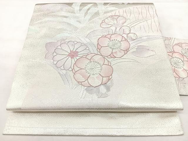 平和屋着物◎全通柄 九寸名古屋帯 相良刺繍 草花文 銀糸 正絹 逸品 BAAY5138qw