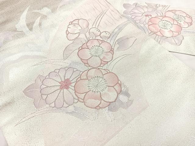 平和屋着物◎全通柄 九寸名古屋帯 相良刺繍 草花文 銀糸 正絹 逸品 BAAY5138qw