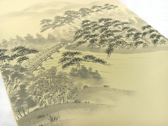 平和屋着物◎塩瀬 九寸開き名古屋帯 作家物 手描き 風景松文 正絹 逸品 BAAY5145qw