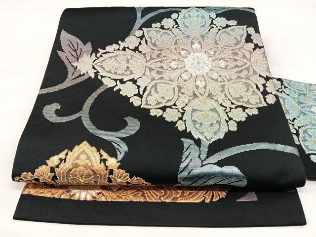 平和屋着物◎九寸名古屋帯 花菱文 黒地 金銀糸 正絹 逸品 BAAY5147qw