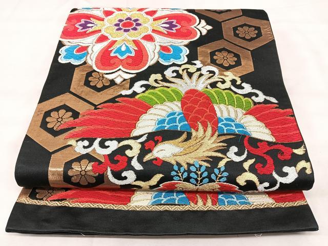 平和屋着物◎六通柄袋帯 唐織 正倉院鳳凰花文 黒地 金銀糸 正絹 逸品 BAAY5152qw