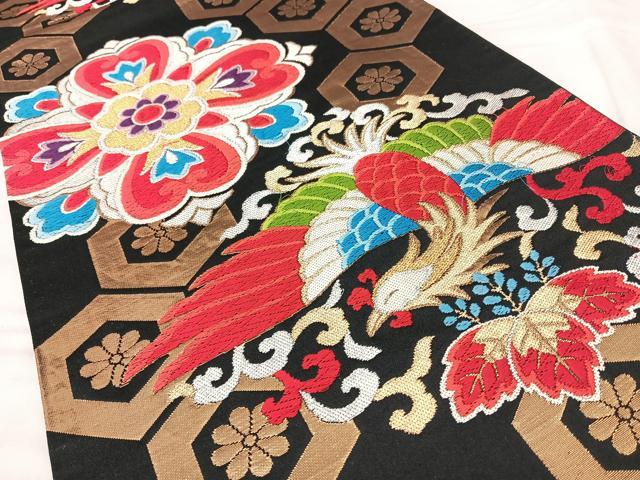平和屋着物◎六通柄袋帯 唐織 正倉院鳳凰花文 黒地 金銀糸 正絹 逸品 BAAY5152qw