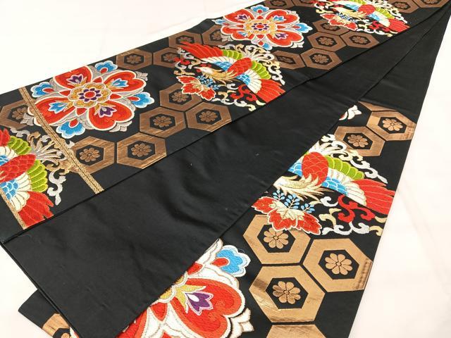 平和屋着物◎六通柄袋帯 唐織 正倉院鳳凰花文 黒地 金銀糸 正絹 逸品 BAAY5152qw