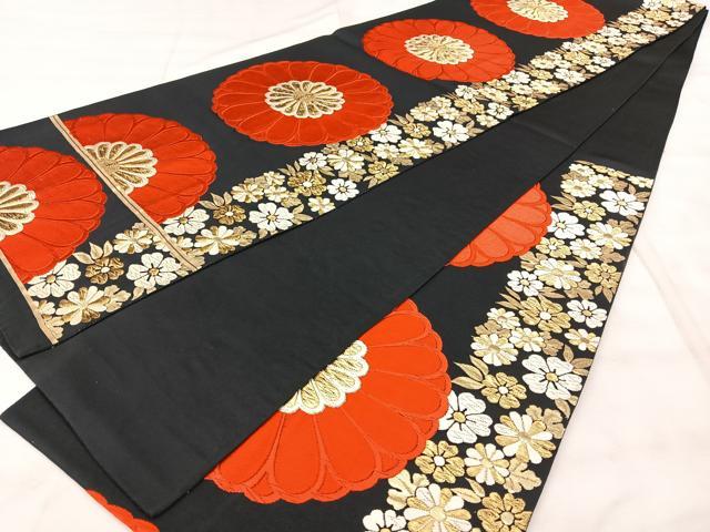 平和屋着物◎六通柄袋帯 唐織 花間道 黒地 金糸 正絹 逸品 BAAY5154qw