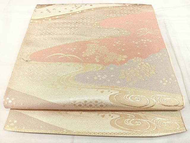 平和屋着物◎六通柄袋帯 流水花文 金糸 正絹 逸品 BAAY5155qw