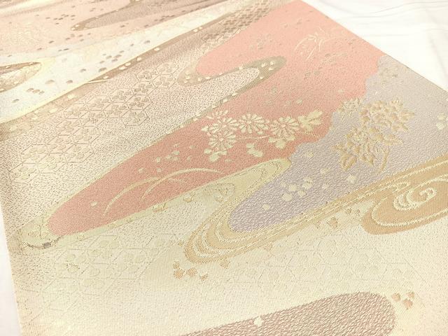 平和屋着物◎六通柄袋帯 流水花文 金糸 正絹 逸品 BAAY5155qw