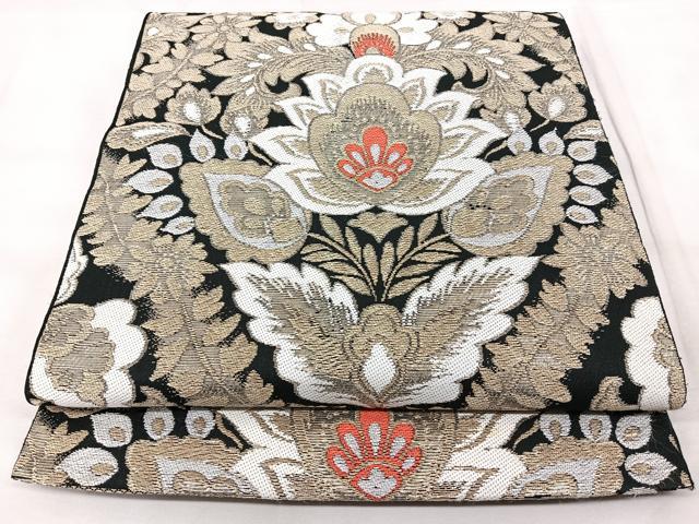 平和屋着物◎六通柄 本袋帯 更紗花文 黒地 金糸 正絹 逸品 BAAY5158qw