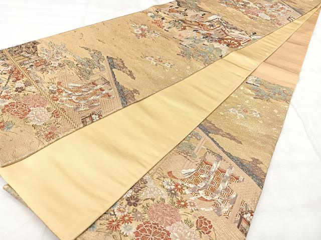 平和屋着物◎六通柄袋帯 松彩錦 御所車人物花文 金糸 正絹 逸品 BAAY5162qw