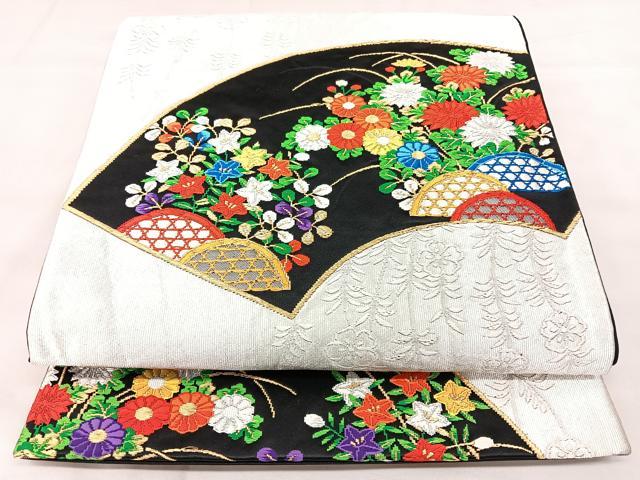 平和屋着物◎六通柄袋帯 唐織 銀つづれ 地紙花文 黒地 金銀糸 正絹 逸品 BAAY5182qw