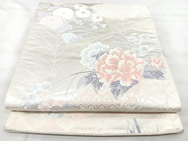 平和屋着物◎六通柄袋帯 唐織 花園錦 地紙花文 銀糸 正絹 逸品 BAAY5190qw