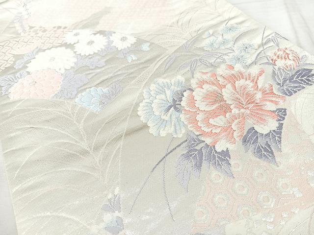 平和屋着物◎六通柄袋帯 唐織 花園錦 地紙花文 銀糸 正絹 逸品 BAAY5190qw