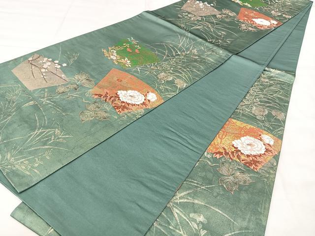 平和屋着物◎六通柄袋帯 唐織 草集扇面文 金糸 正絹 逸品 BAAY5205qw