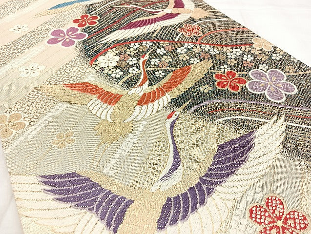 平和屋着物◎佐賀錦 六通柄袋帯 唐織 飛鶴花文 金糸 正絹 逸品 BAAY5216qw