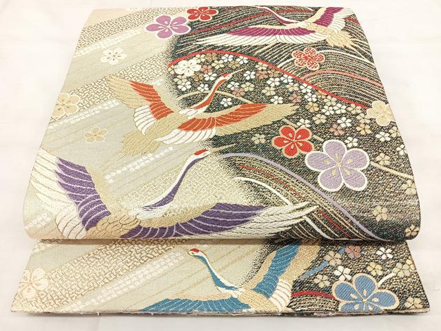 平和屋着物◎佐賀錦 六通柄袋帯 唐織 飛鶴花文 金糸 正絹 逸品 BAAY5216qw
