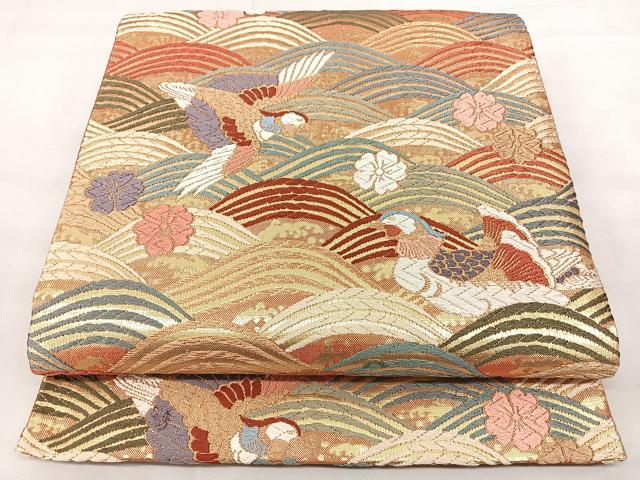 平和屋着物◎佐賀錦 六通柄袋帯 唐織 流波鴛鴦文 金糸 正絹 逸品 BAAY5240qw