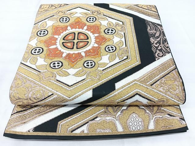 平和屋着物◎六通柄 京袋帯 亀甲花文 黒地 金糸 正絹 逸品 BAAY5242qw