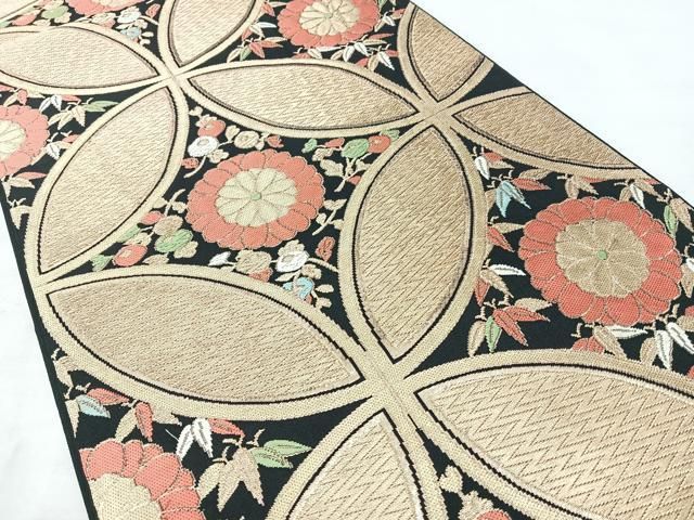 平和屋着物◎六通柄 本袋帯 松美錦 七宝花文 黒地 金糸 正絹 逸品 BAAY5244qw