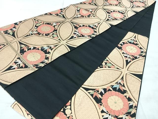 平和屋着物◎六通柄 本袋帯 松美錦 七宝花文 黒地 金糸 正絹 逸品 BAAY5244qw