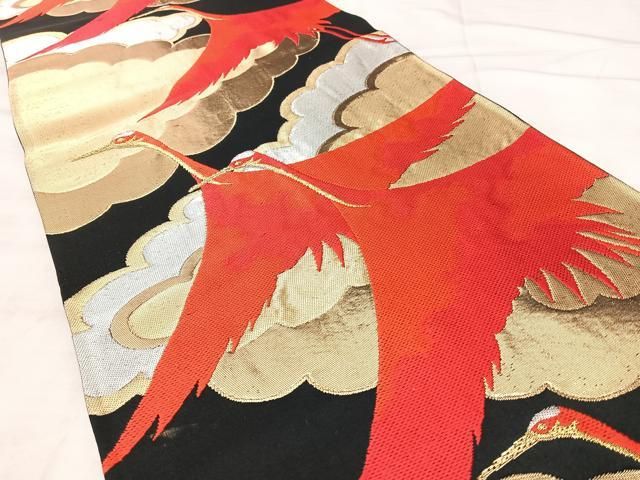 平和屋着物◎西陣 服部織物謹製 白鳥緞子 六通柄袋帯 飛鶴文 黒地 金銀糸 正絹 逸品 BAAY5258qw